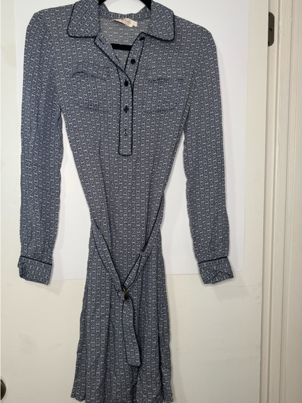 Tory Burch Navy and White Long Sleeve Shirt Dress with Belt